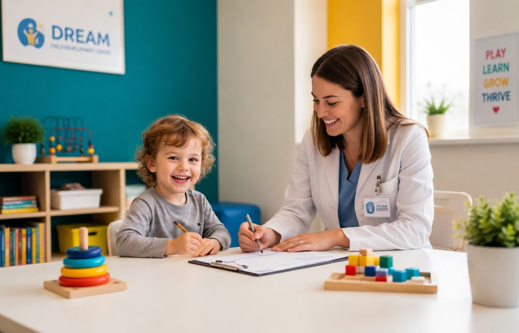 Therapist working with a smiling child