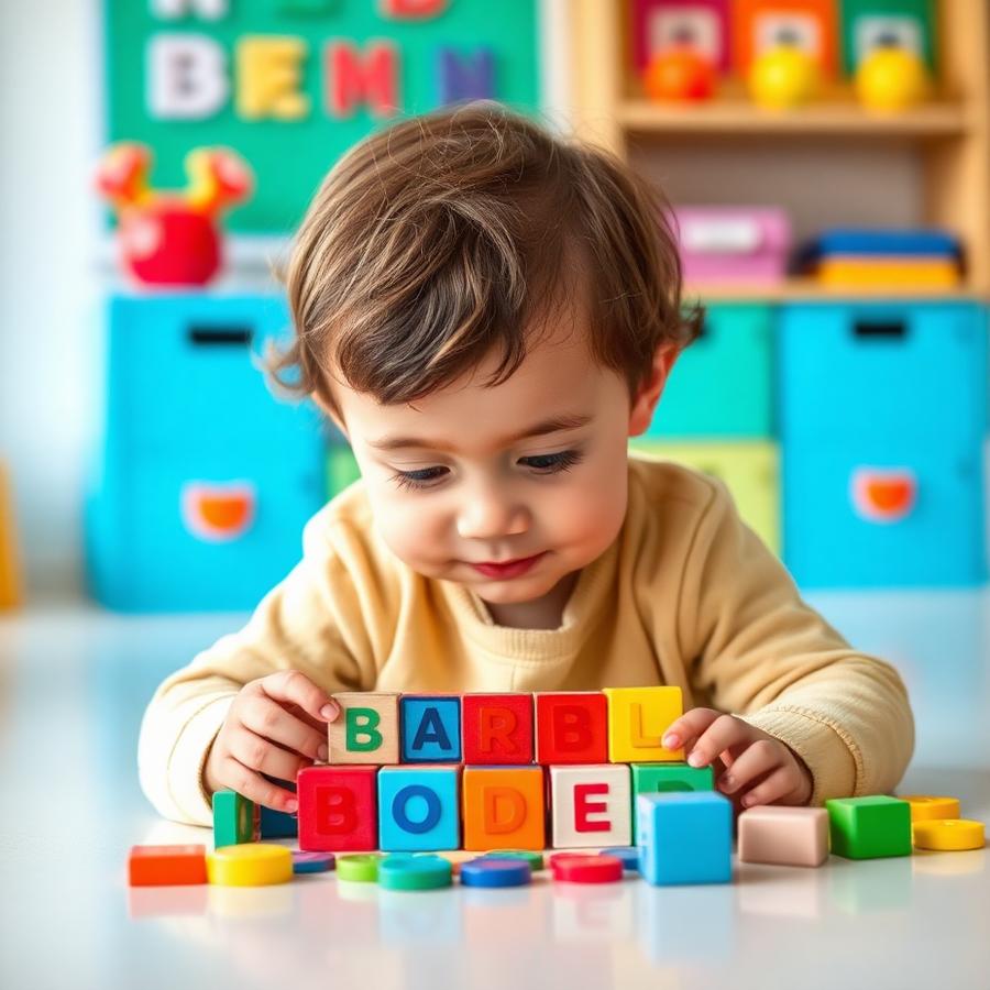 Child building words with letter blocks